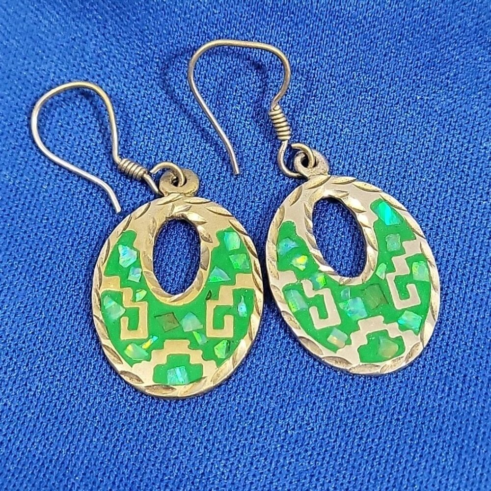 Handcrafted Sterling and Green Stone‎ Chip Earrings Mexico